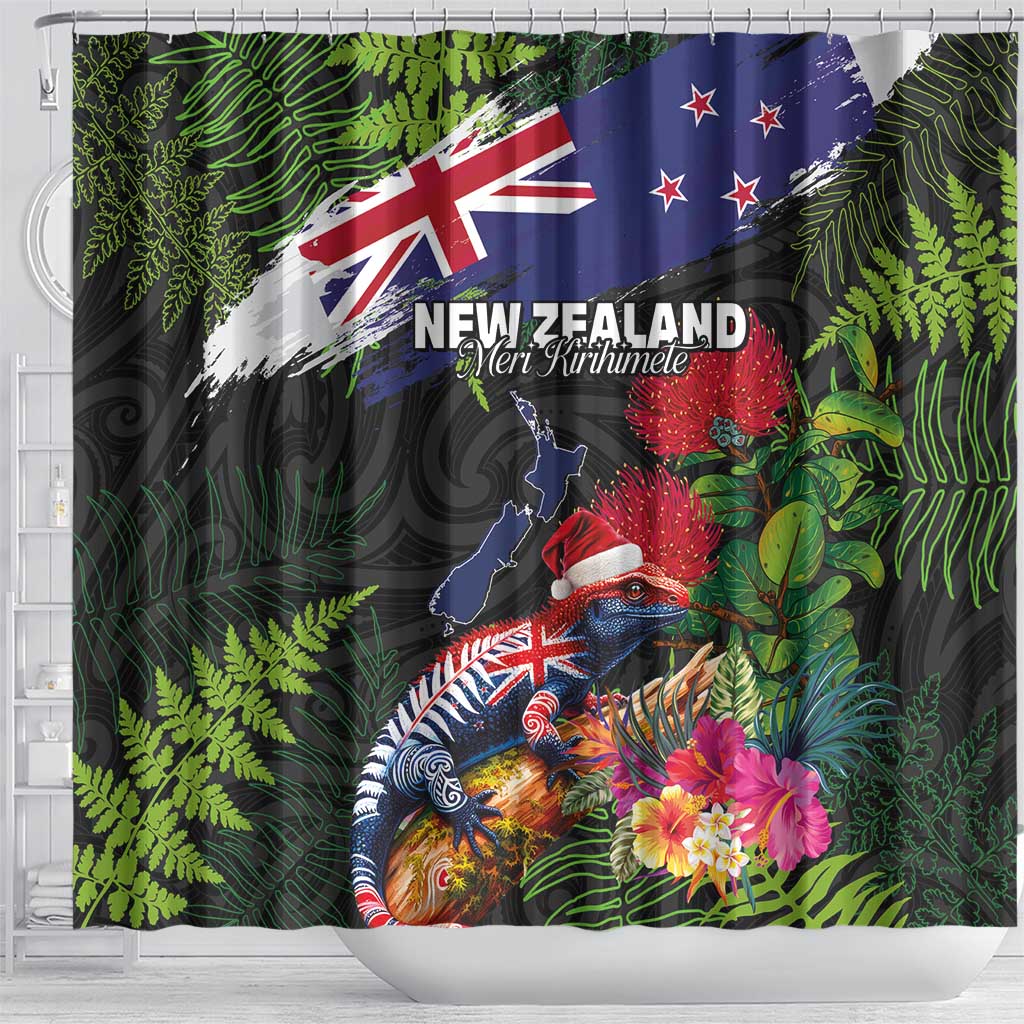 New Zealand Christmas Shower Curtain Meri Kirihimete-Tuatara and Pohutukawa Black Color LT03 - Polynesian Pride