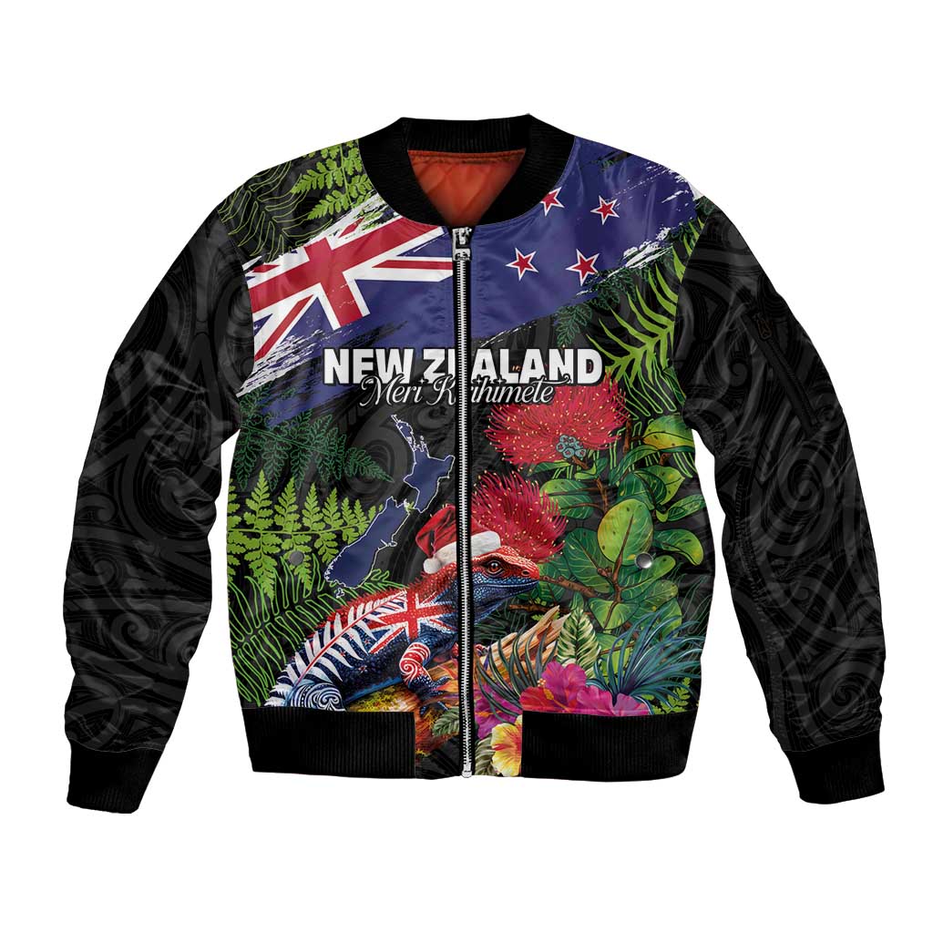 New Zealand Christmas Sleeve Zip Bomber Jacket Meri Kirihimete-Tuatara and Pohutukawa Black Color LT03 Unisex Black - Polynesian Pride