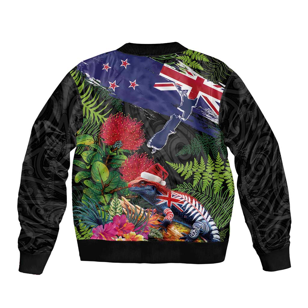 New Zealand Christmas Sleeve Zip Bomber Jacket Meri Kirihimete-Tuatara and Pohutukawa Black Color LT03 - Polynesian Pride