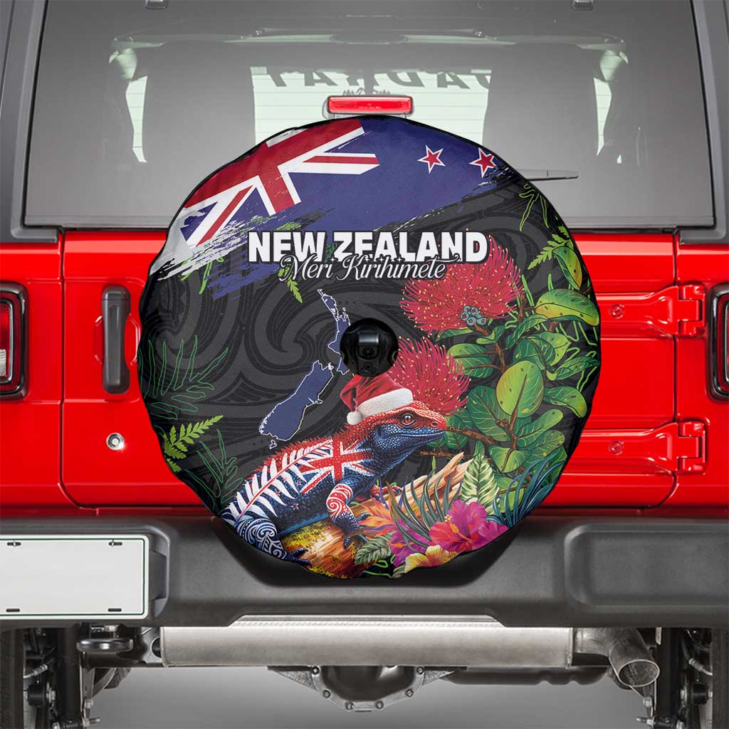 New Zealand Christmas Spare Tire Cover Meri Kirihimete-Tuatara and Pohutukawa Black Color LT03 - Polynesian Pride