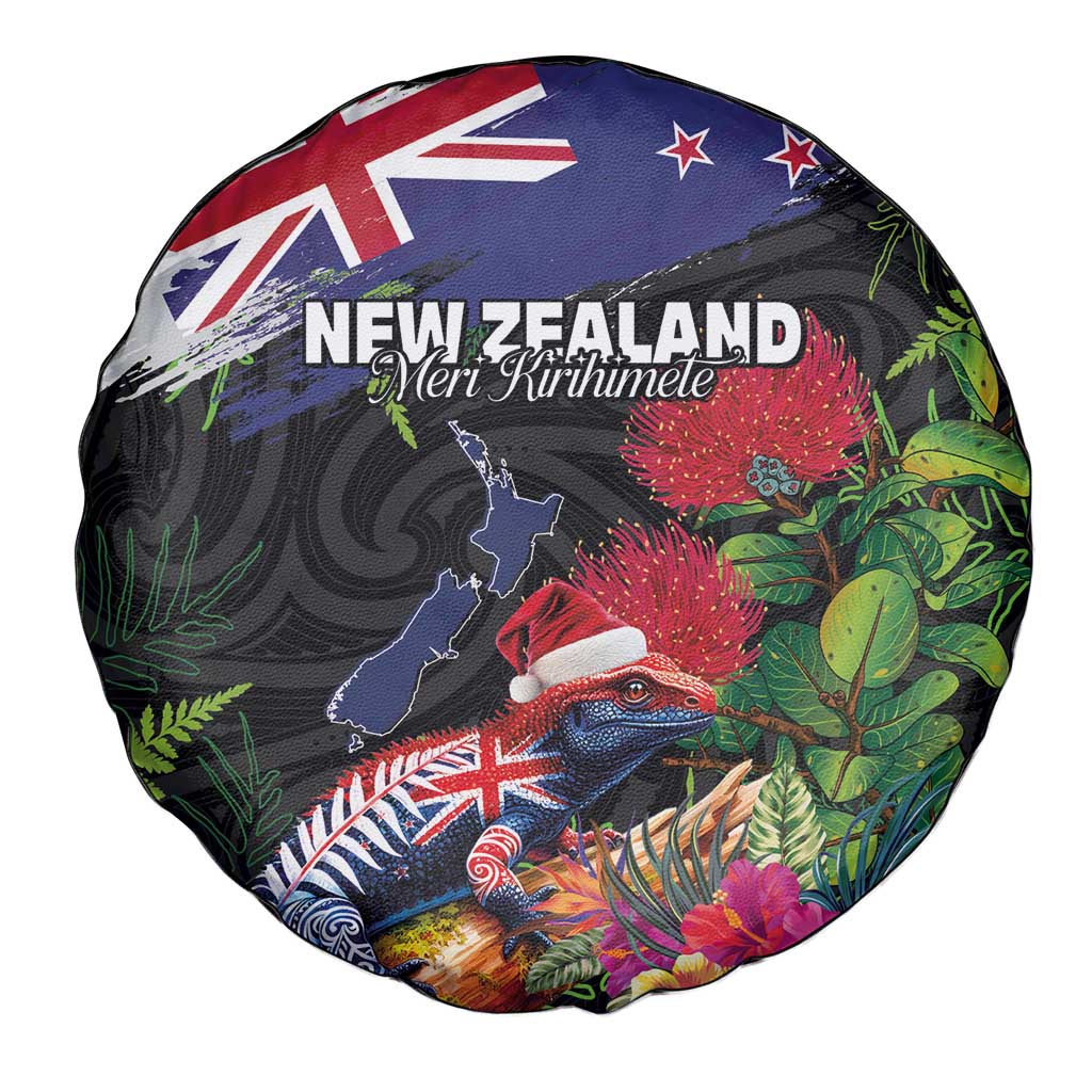 New Zealand Christmas Spare Tire Cover Meri Kirihimete-Tuatara and Pohutukawa Black Color LT03 - Polynesian Pride