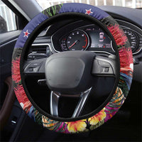 New Zealand Christmas Steering Wheel Cover Meri Kirihimete-Tuatara and Pohutukawa Black Color LT03 - Polynesian Pride