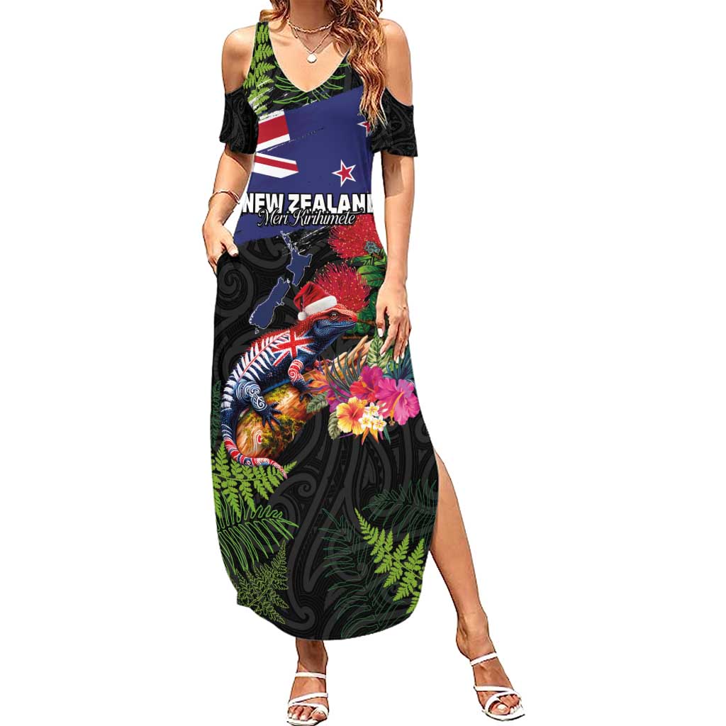 New Zealand Christmas Summer Maxi Dress Meri Kirihimete-Tuatara and Pohutukawa Black Color LT03 Women Black - Polynesian Pride