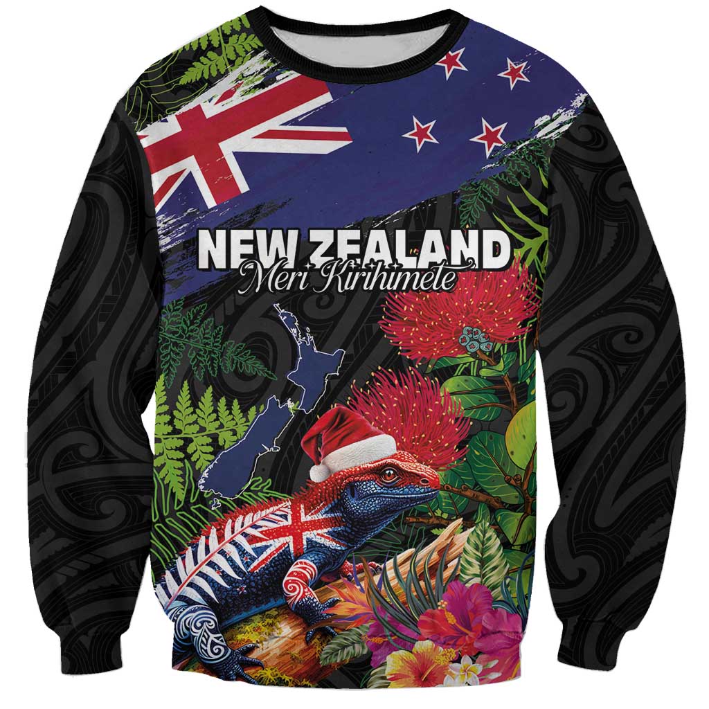 New Zealand Christmas Sweatshirt Meri Kirihimete-Tuatara and Pohutukawa Black Color LT03 Unisex Black - Polynesian Pride
