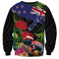 New Zealand Christmas Sweatshirt Meri Kirihimete-Tuatara and Pohutukawa Black Color LT03 - Polynesian Pride
