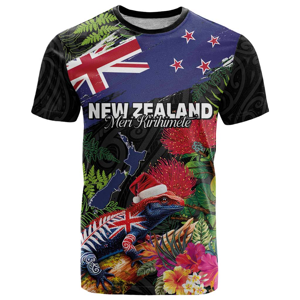 New Zealand Christmas T Shirt Meri Kirihimete-Tuatara and Pohutukawa Black Color LT03 Black - Polynesian Pride