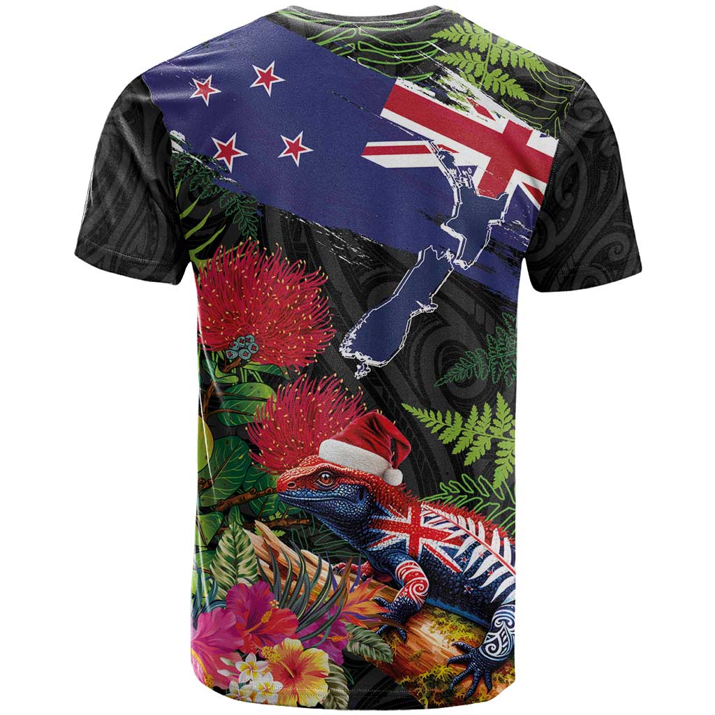 New Zealand Christmas T Shirt Meri Kirihimete-Tuatara and Pohutukawa Black Color LT03 - Polynesian Pride