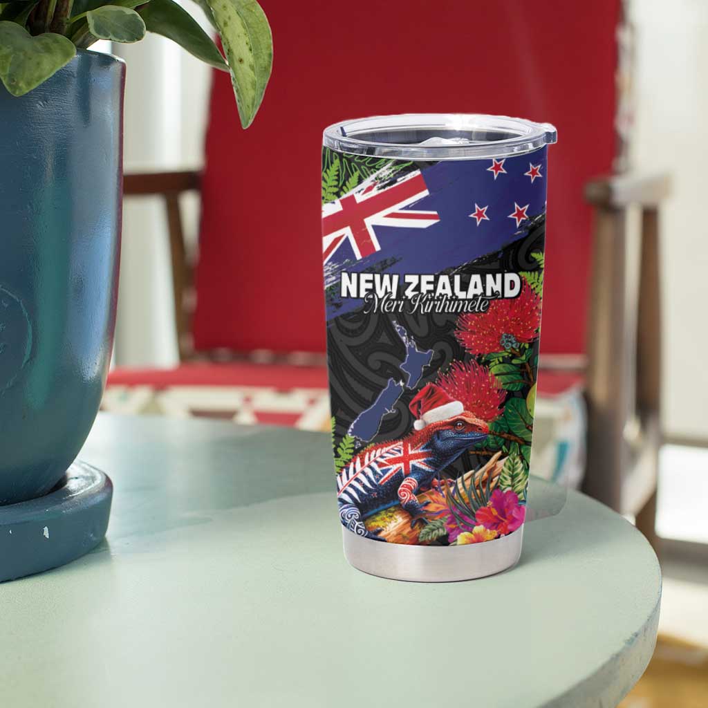 New Zealand Christmas Tumbler Cup Meri Kirihimete-Tuatara and Pohutukawa Black Color LT03 - Polynesian Pride