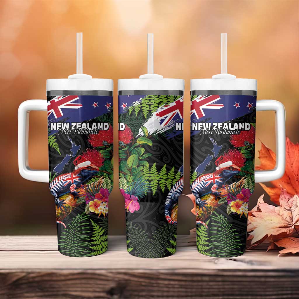 New Zealand Christmas Tumbler With Handle Meri Kirihimete-Tuatara and Pohutukawa Black Color LT03 - Polynesian Pride