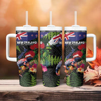 New Zealand Christmas Tumbler With Handle Meri Kirihimete-Tuatara and Pohutukawa Black Color LT03 - Polynesian Pride