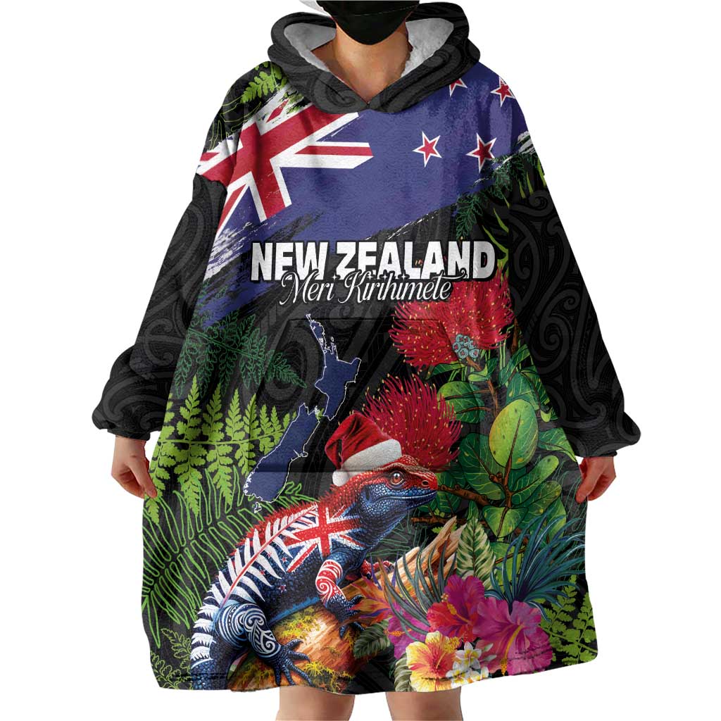 New Zealand Christmas Wearable Blanket Hoodie Meri Kirihimete-Tuatara and Pohutukawa Black Color LT03 - Polynesian Pride