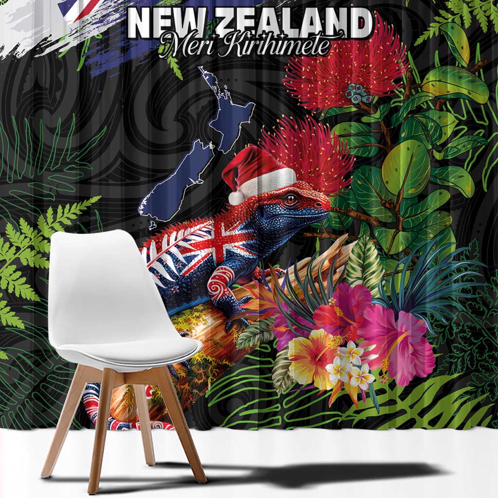 New Zealand Christmas Window Curtain Meri Kirihimete-Tuatara and Pohutukawa Black Color LT03 - Polynesian Pride