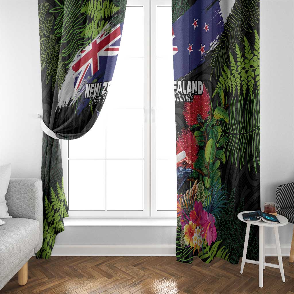 New Zealand Christmas Window Curtain Meri Kirihimete-Tuatara and Pohutukawa Black Color LT03 - Polynesian Pride