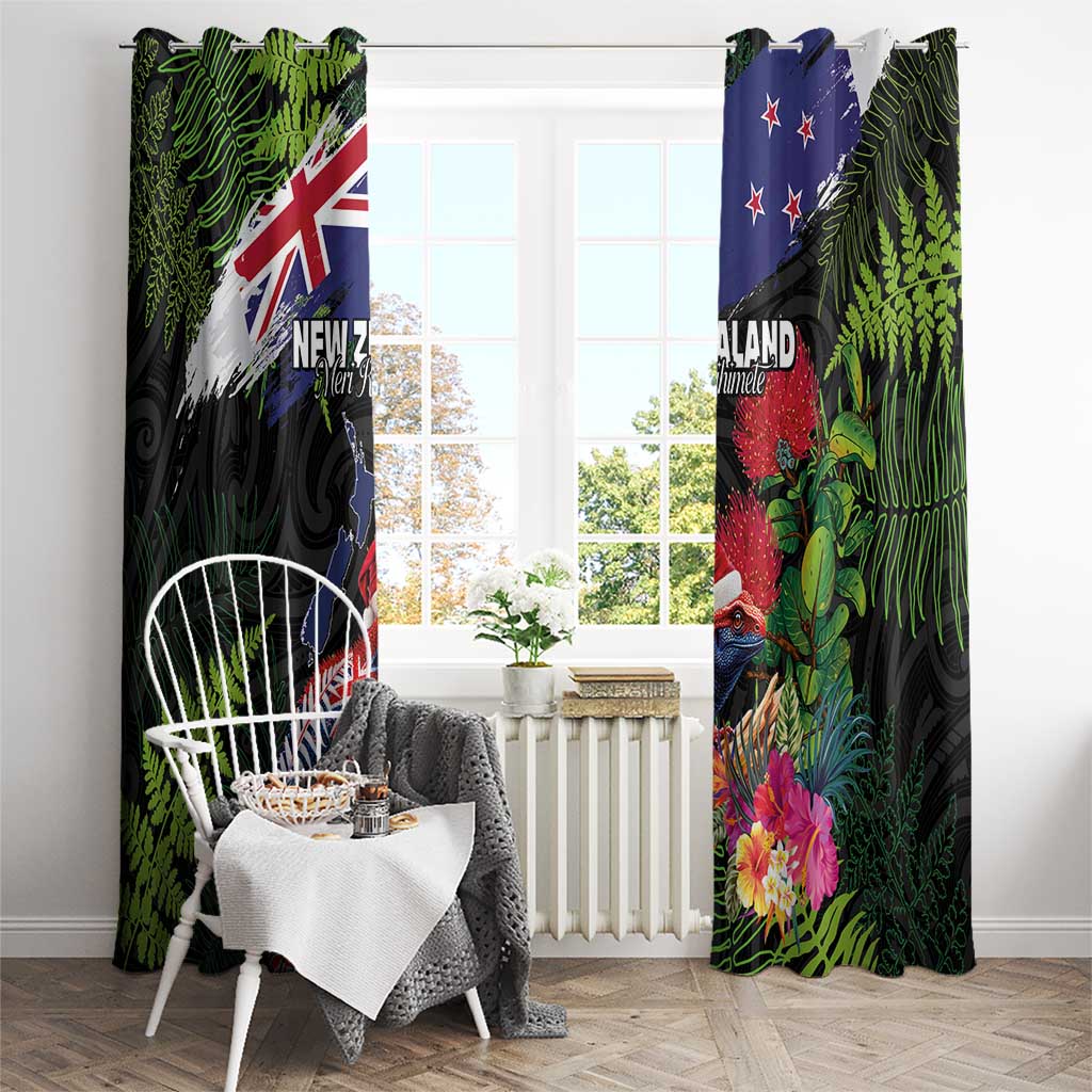 New Zealand Christmas Window Curtain Meri Kirihimete-Tuatara and Pohutukawa Black Color LT03 - Polynesian Pride