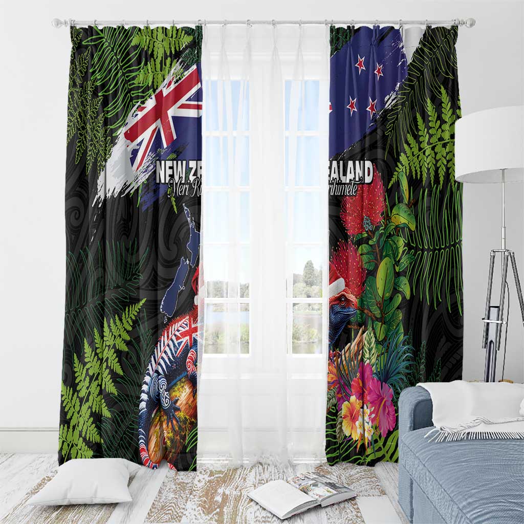 New Zealand Christmas Window Curtain Meri Kirihimete-Tuatara and Pohutukawa Black Color LT03 - Polynesian Pride
