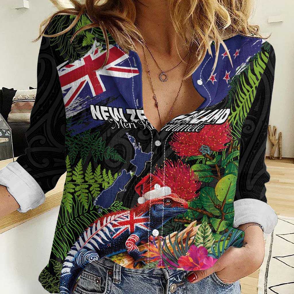 New Zealand Christmas Women Casual Shirt Meri Kirihimete-Tuatara and Pohutukawa Black Color LT03 Female Black - Polynesian Pride