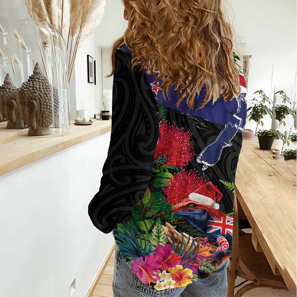 New Zealand Christmas Women Casual Shirt Meri Kirihimete-Tuatara and Pohutukawa Black Color LT03 - Polynesian Pride