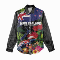New Zealand Christmas Women Casual Shirt Meri Kirihimete-Tuatara and Pohutukawa Black Color LT03 - Polynesian Pride