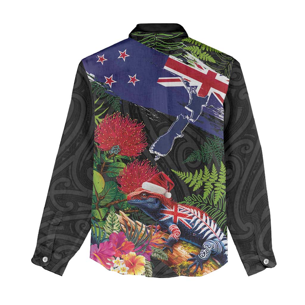 New Zealand Christmas Women Casual Shirt Meri Kirihimete-Tuatara and Pohutukawa Black Color LT03 - Polynesian Pride
