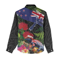 New Zealand Christmas Women Casual Shirt Meri Kirihimete-Tuatara and Pohutukawa Black Color LT03 - Polynesian Pride