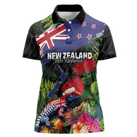 New Zealand Christmas Women Polo Shirt Meri Kirihimete-Tuatara and Pohutukawa Black Color LT03 Female Black - Polynesian Pride