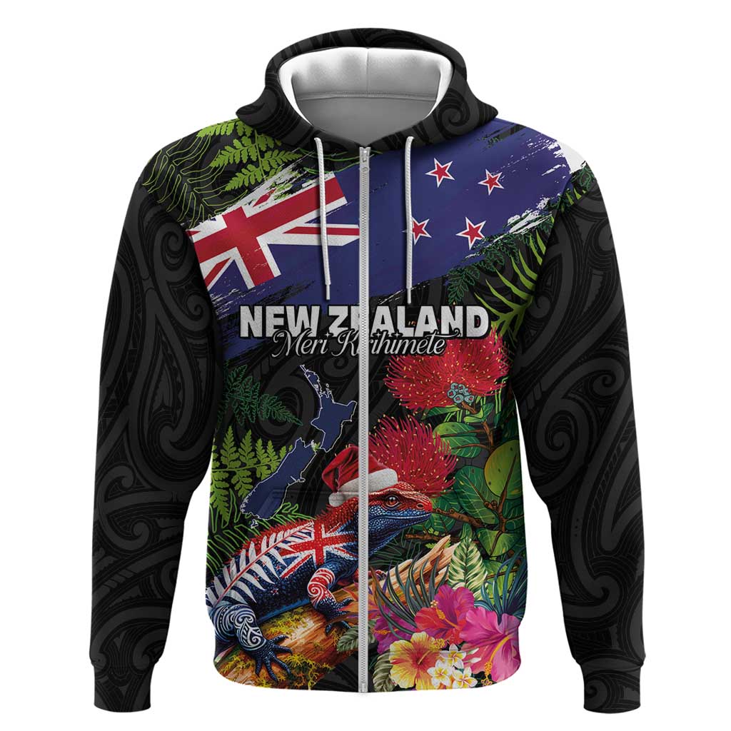 New Zealand Christmas Zip Hoodie Meri Kirihimete-Tuatara and Pohutukawa Black Color LT03 Zip Hoodie Black - Polynesian Pride