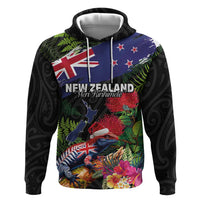 New Zealand Christmas Zip Hoodie Meri Kirihimete-Tuatara and Pohutukawa Black Color LT03 Pullover Hoodie Black - Polynesian Pride