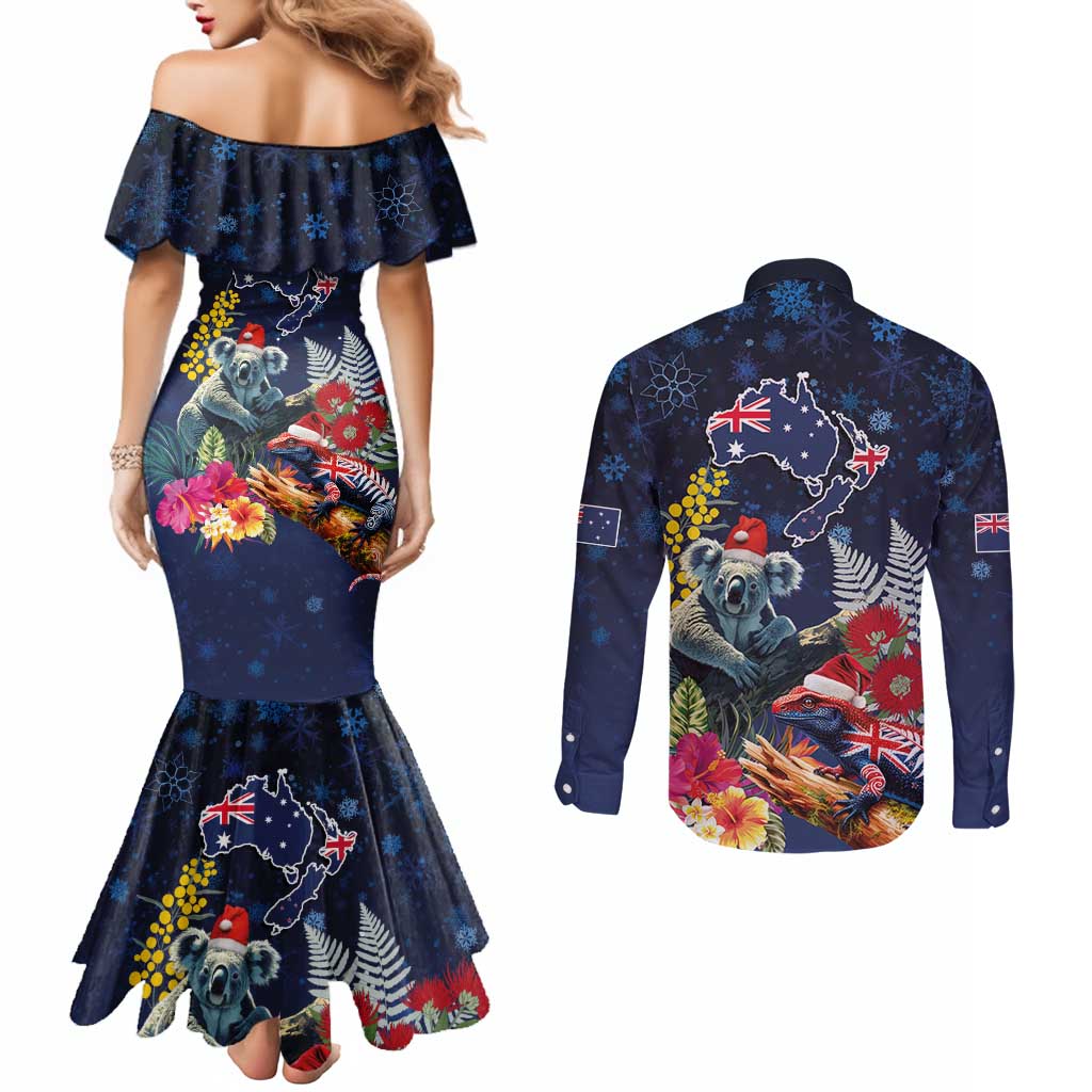 Australia and New Zealand Couples Matching Mermaid Dress and Long Sleeve Button Shirt Merry Christmas-Tuatara and Koala with Plants Xmas Style LT03 - Polynesian Pride