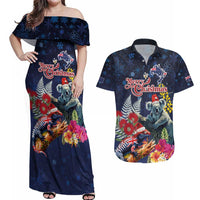 Australia and New Zealand Couples Matching Off Shoulder Maxi Dress and Hawaiian Shirt Merry Christmas-Tuatara and Koala with Plants Xmas Style LT03 Navy - Polynesian Pride