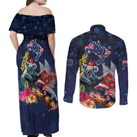 Australia and New Zealand Couples Matching Off Shoulder Maxi Dress and Long Sleeve Button Shirt Merry Christmas-Tuatara and Koala with Plants Xmas Style LT03 - Polynesian Pride