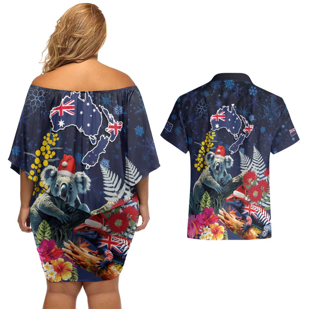 Australia and New Zealand Couples Matching Off Shoulder Short Dress and Hawaiian Shirt Merry Christmas-Tuatara and Koala with Plants Xmas Style LT03 - Polynesian Pride