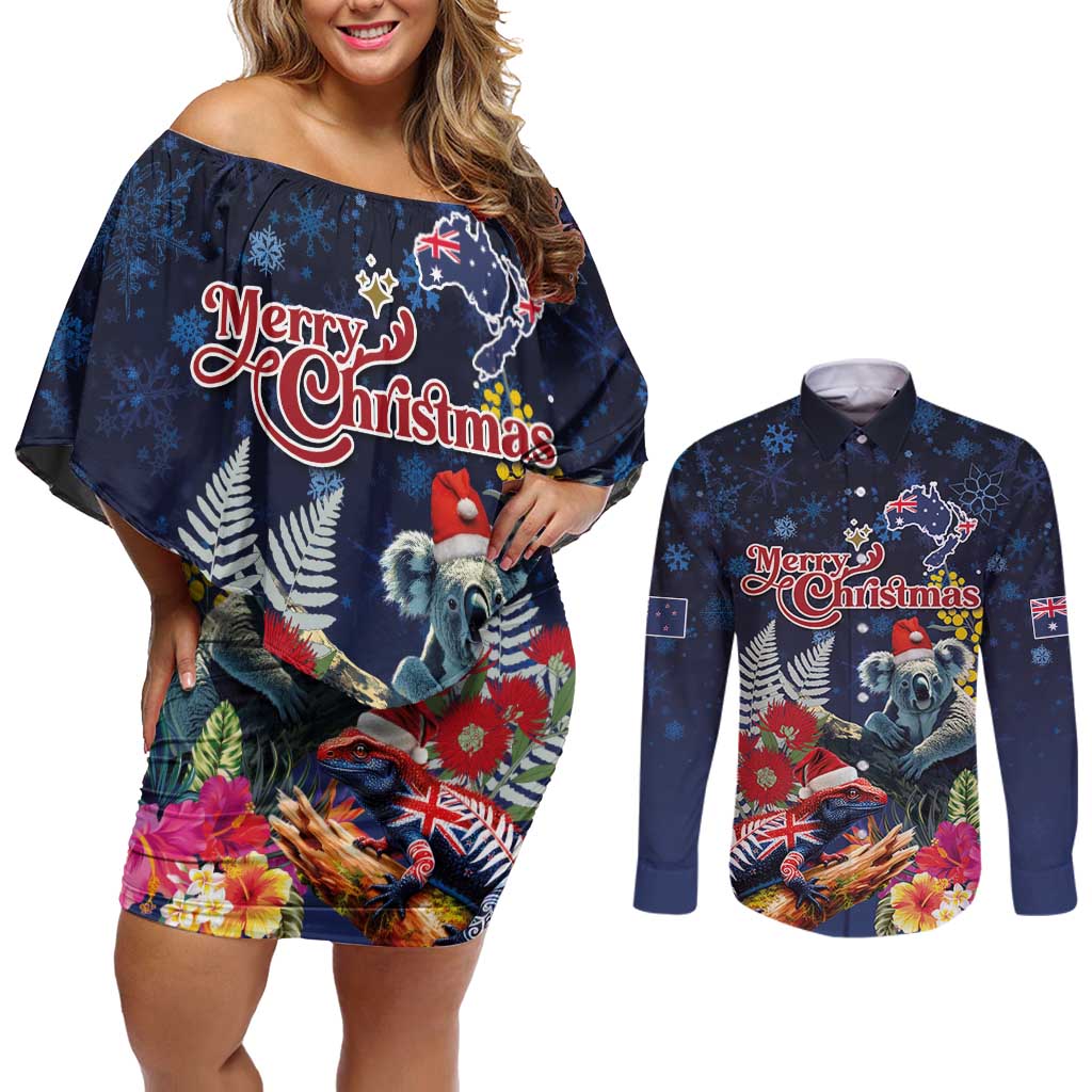 Australia and New Zealand Couples Matching Off Shoulder Short Dress and Long Sleeve Button Shirt Merry Christmas-Tuatara and Koala with Plants Xmas Style LT03 Navy - Polynesian Pride