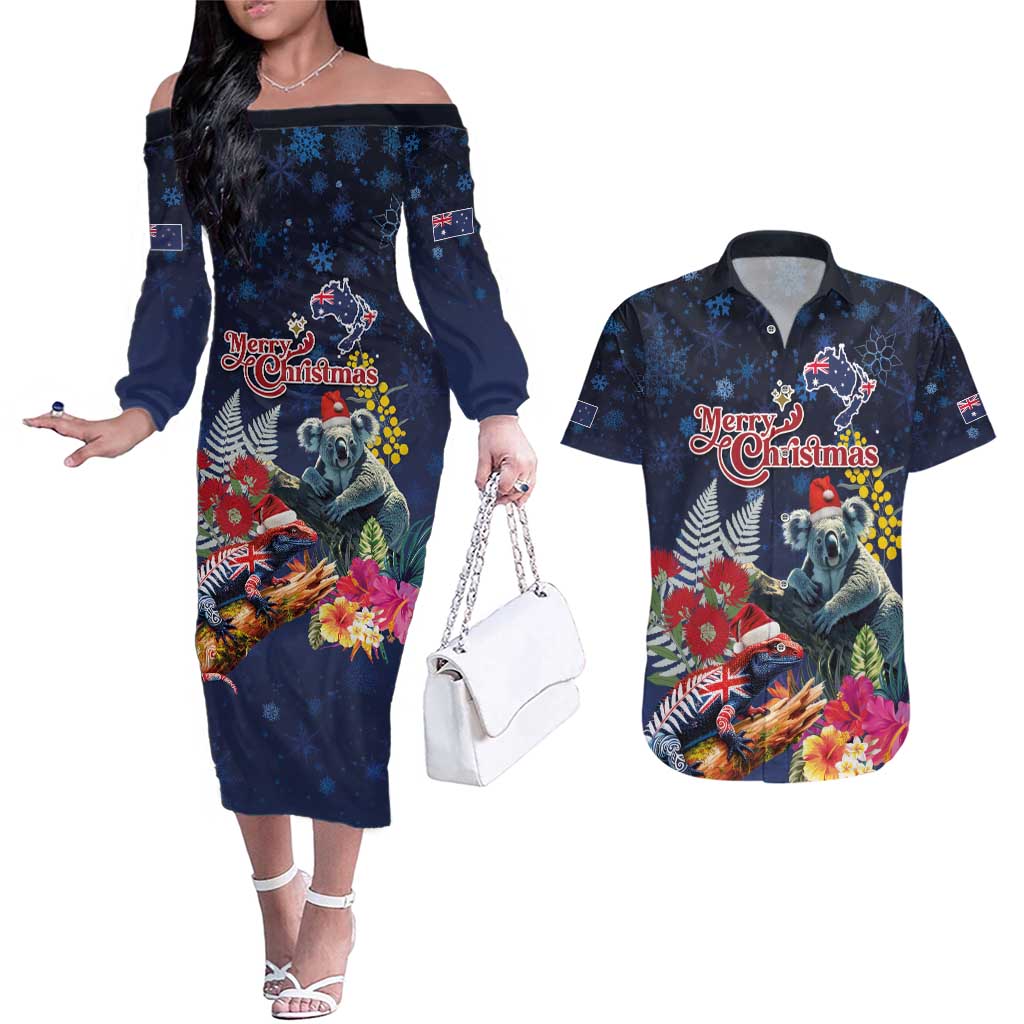 Australia and New Zealand Couples Matching Off The Shoulder Long Sleeve Dress and Hawaiian Shirt Merry Christmas-Tuatara and Koala with Plants Xmas Style LT03 Navy - Polynesian Pride