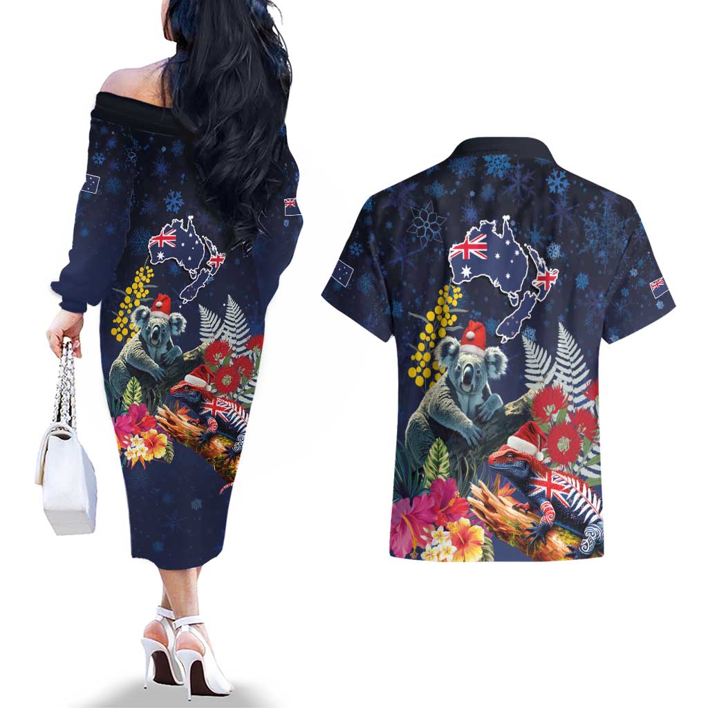 Australia and New Zealand Couples Matching Off The Shoulder Long Sleeve Dress and Hawaiian Shirt Merry Christmas-Tuatara and Koala with Plants Xmas Style LT03 - Polynesian Pride