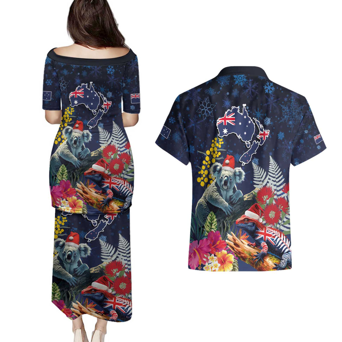 Australia and New Zealand Couples Matching Puletasi and Hawaiian Shirt Merry Christmas-Tuatara and Koala with Plants Xmas Style LT03 - Polynesian Pride