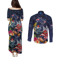Australia and New Zealand Couples Matching Puletasi and Long Sleeve Button Shirt Merry Christmas-Tuatara and Koala with Plants Xmas Style LT03 - Polynesian Pride