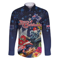 Australia and New Zealand Family Matching Mermaid Dress and Hawaiian Shirt Merry Christmas-Tuatara and Koala with Plants Xmas Style LT03 Dad's Shirt - Long Sleeve Navy - Polynesian Pride
