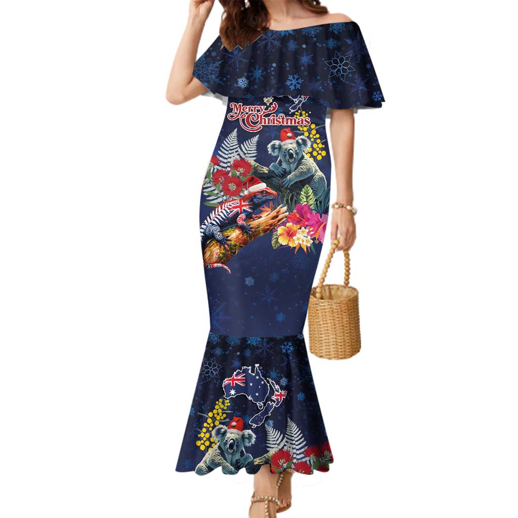 Australia and New Zealand Family Matching Mermaid Dress and Hawaiian Shirt Merry Christmas-Tuatara and Koala with Plants Xmas Style LT03 Mom's Dress Navy - Polynesian Pride