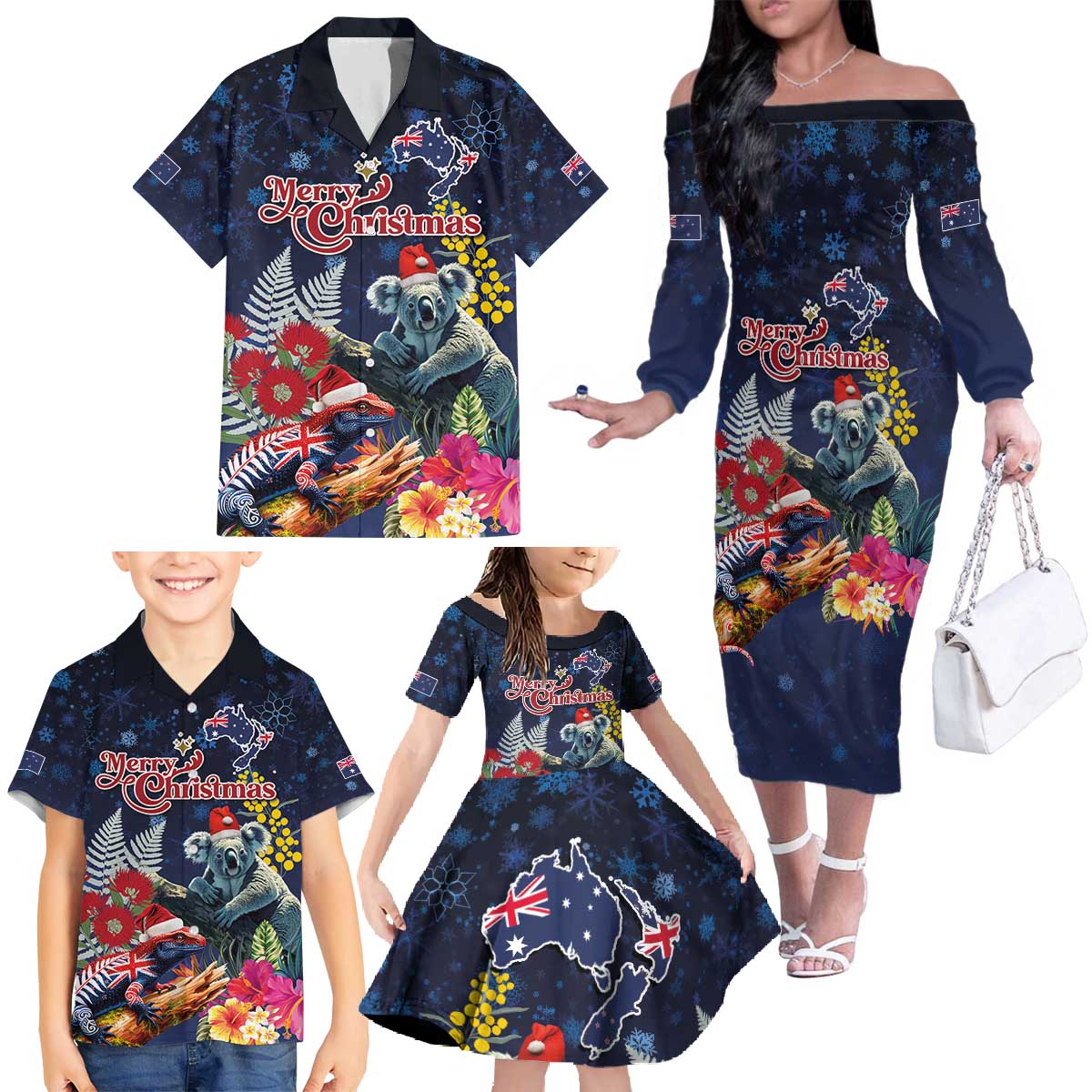 Australia and New Zealand Family Matching Off The Shoulder Long Sleeve Dress and Hawaiian Shirt Merry Christmas-Tuatara and Koala with Plants Xmas Style LT03 - Polynesian Pride