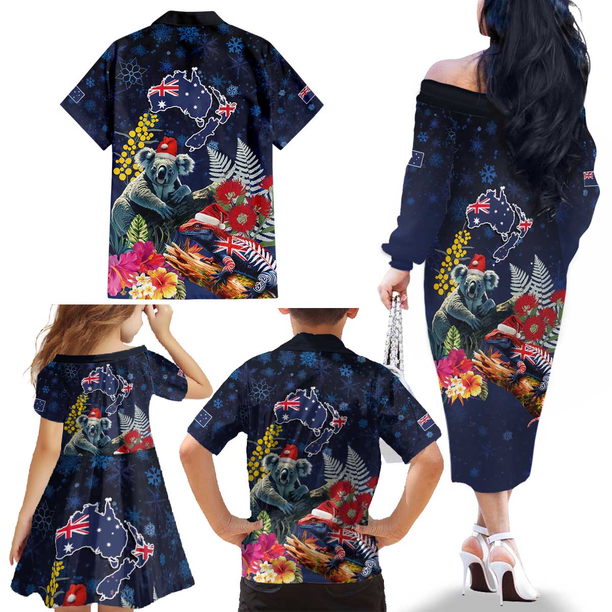 Australia and New Zealand Family Matching Off The Shoulder Long Sleeve Dress and Hawaiian Shirt Merry Christmas-Tuatara and Koala with Plants Xmas Style LT03 - Polynesian Pride