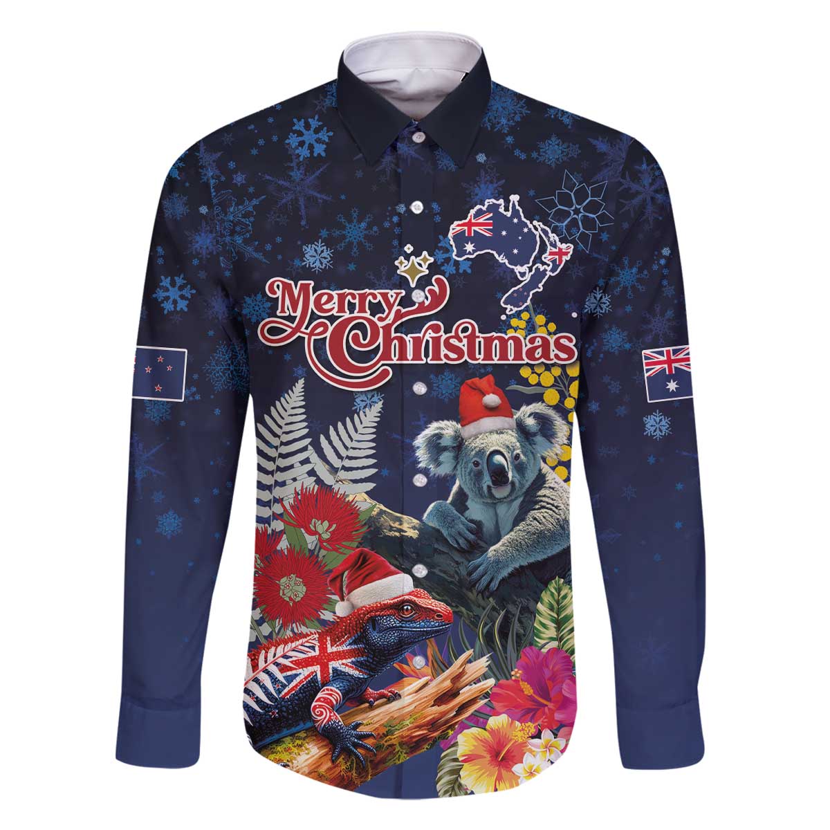 Australia and New Zealand Family Matching Off The Shoulder Long Sleeve Dress and Hawaiian Shirt Merry Christmas-Tuatara and Koala with Plants Xmas Style LT03 Dad's Shirt - Long Sleeve Navy - Polynesian Pride
