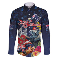 Australia and New Zealand Family Matching Off The Shoulder Long Sleeve Dress and Hawaiian Shirt Merry Christmas-Tuatara and Koala with Plants Xmas Style LT03 Dad's Shirt - Long Sleeve Navy - Polynesian Pride