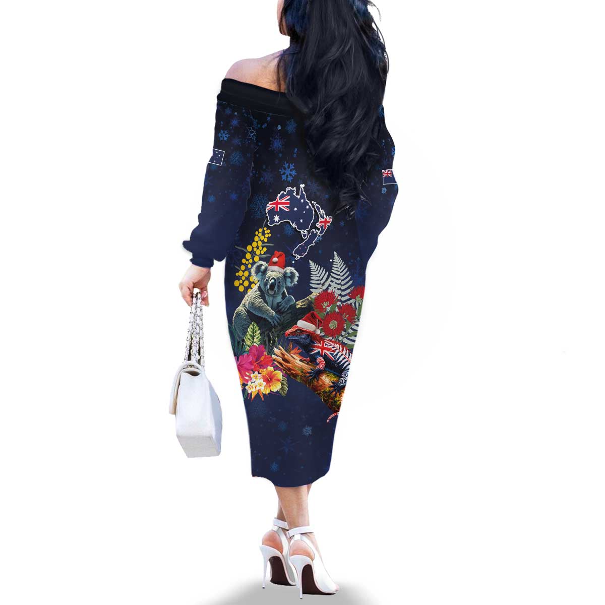 Australia and New Zealand Family Matching Off The Shoulder Long Sleeve Dress and Hawaiian Shirt Merry Christmas-Tuatara and Koala with Plants Xmas Style LT03 - Polynesian Pride