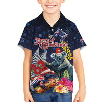 Australia and New Zealand Family Matching Off The Shoulder Long Sleeve Dress and Hawaiian Shirt Merry Christmas-Tuatara and Koala with Plants Xmas Style LT03 Son's Shirt Navy - Polynesian Pride