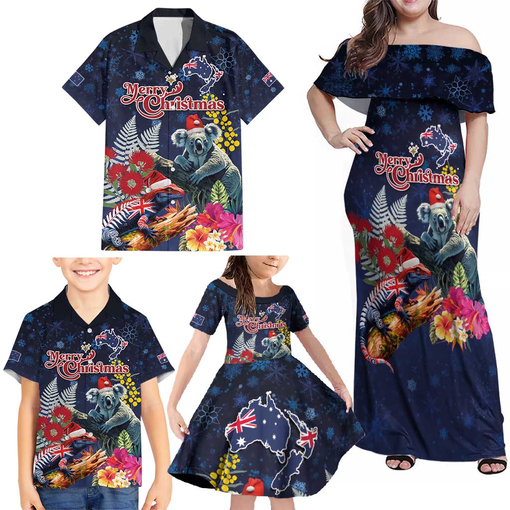 Australia and New Zealand Family Matching Off Shoulder Maxi Dress and Hawaiian Shirt Merry Christmas-Tuatara and Koala with Plants Xmas Style LT03 - Polynesian Pride