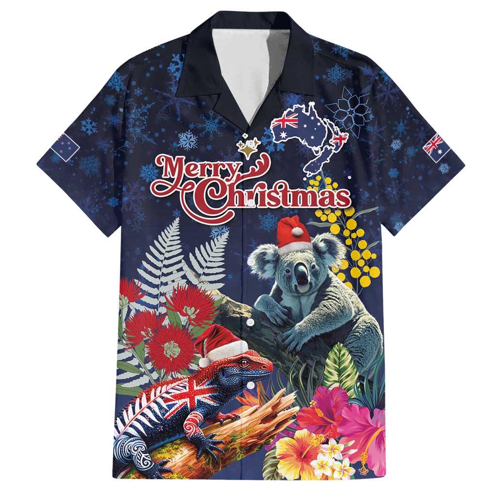 Australia and New Zealand Family Matching Off Shoulder Maxi Dress and Hawaiian Shirt Merry Christmas-Tuatara and Koala with Plants Xmas Style LT03 Dad's Shirt - Short Sleeve Navy - Polynesian Pride