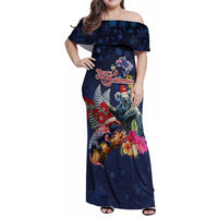 Australia and New Zealand Family Matching Off Shoulder Maxi Dress and Hawaiian Shirt Merry Christmas-Tuatara and Koala with Plants Xmas Style LT03 Mom's Dress Navy - Polynesian Pride