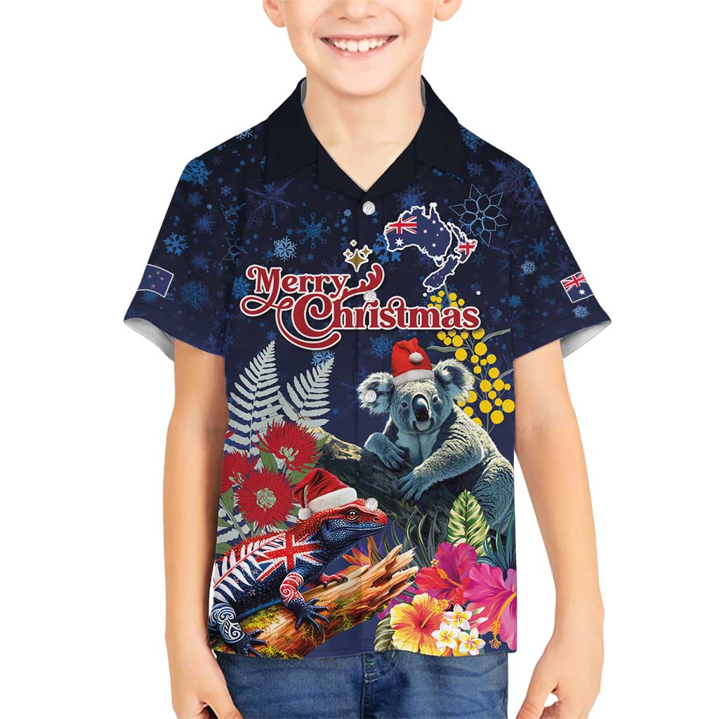 Australia and New Zealand Family Matching Off Shoulder Maxi Dress and Hawaiian Shirt Merry Christmas-Tuatara and Koala with Plants Xmas Style LT03 Son's Shirt Navy - Polynesian Pride