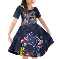 Australia and New Zealand Family Matching Off Shoulder Short Dress and Hawaiian Shirt Merry Christmas-Tuatara and Koala with Plants Xmas Style LT03 Daughter's Dress Navy - Polynesian Pride