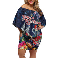 Australia and New Zealand Family Matching Off Shoulder Short Dress and Hawaiian Shirt Merry Christmas-Tuatara and Koala with Plants Xmas Style LT03 Mom's Dress Navy - Polynesian Pride